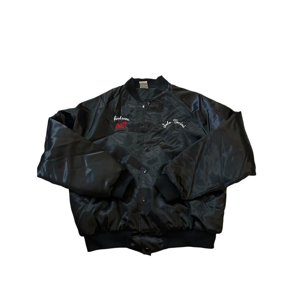 Black Nylon Satin Jacket Large Vintage 90s Aristo Jac Made in USA Collared Lined